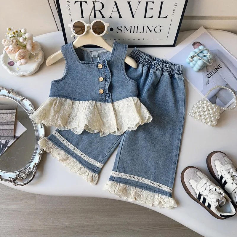 Description Picture 4 of itemKorean Version Ins Spring and Autumn Denim Sleeveless Vest Long Pants Set Versatile Lace Edge Vest New Fashionable Stylish Style