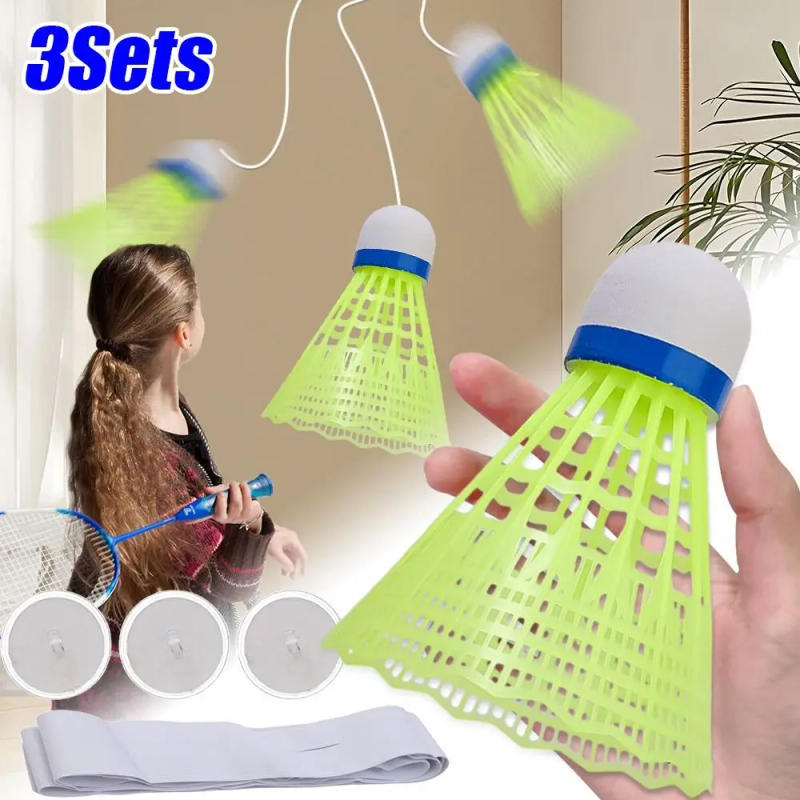 Description Picture 3 of item3 Sets Elastic Badminton Trainer Set Glowing Badminton Balls Single Player Rebound Practice Swing Badminton Racquet for Beginner