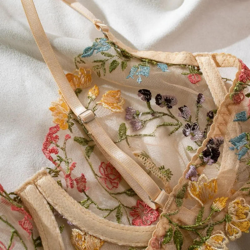Description Picture 5 of item2-Piece Embroidery Lingerie Set Sexy Floral Sheer Wireless Bra Boho Bra Panty Set