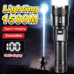 KDULIT High Bright LED Flashlight Built-in Battery Type-C Rechargable Zoom Torch with Power Display Camping Emergency Lamp