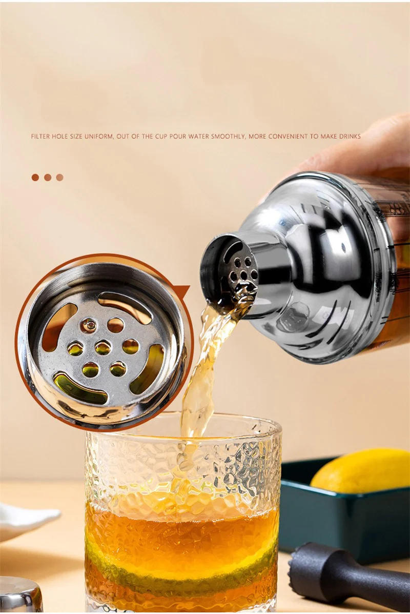 Description Picture 5 of item400/600ML Glass Cocktail Shaker Hand Shaker Cup with Scales Leakproof Metallic Steel Lid&Strainer Tea Wine Drink Shaker Mixer
