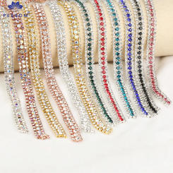 PEESOM 1Yard 3Rows Crystal Rhinestone Cup Chain Sliver/Gold Claw With Glass Rhinestone Garment Decoration Applique Sew On Trim