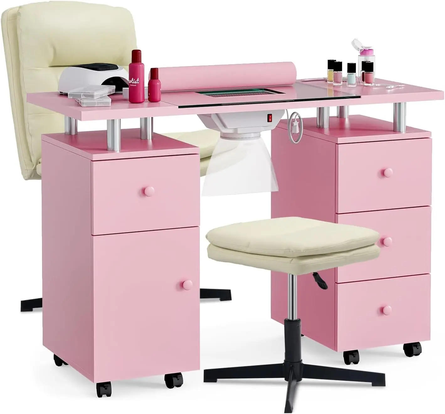 Description Picture 2 of itemManicure Table Set for Nail Tech, 3 Piece Nail Table Set, Modern Nail Desk Set, Glass Top Table Set with No Wheels Chair
