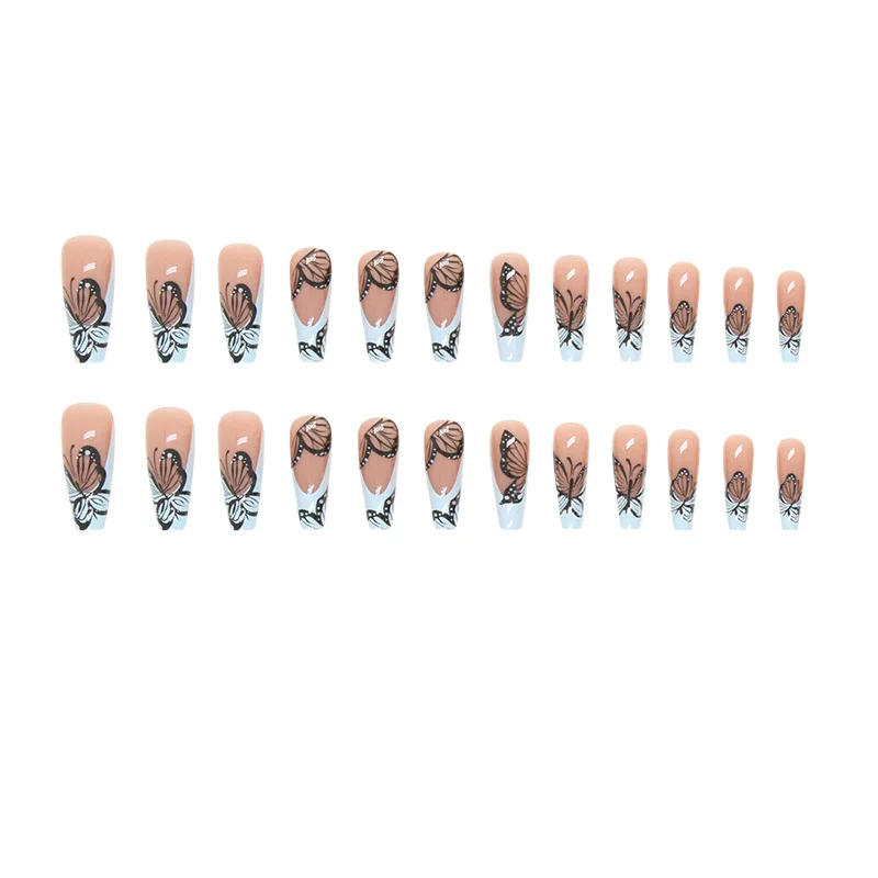 Description Picture 6 of item24 pcs long ballet-shaped French Minimalist Spice Butterfly fingernail +1 nail glue +1 nail file