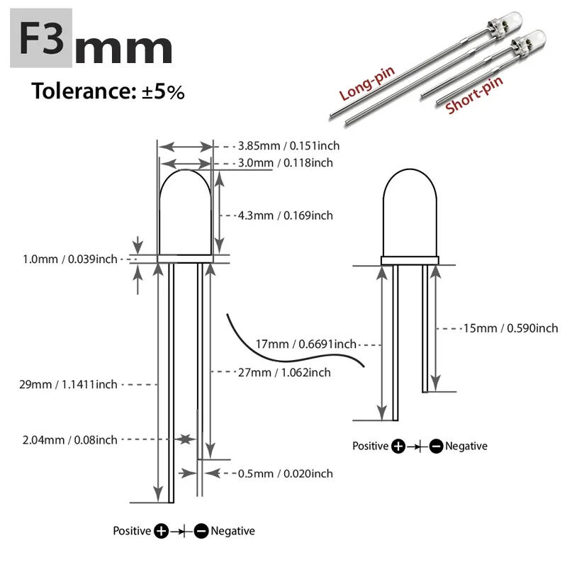 Description Picture 3 of item100pcs DIP LED 5mm Diode light DIY White Yellow Red Blue Green Round Water Clear 3mm Light Emitting Diodes Lamp F5 Beads
