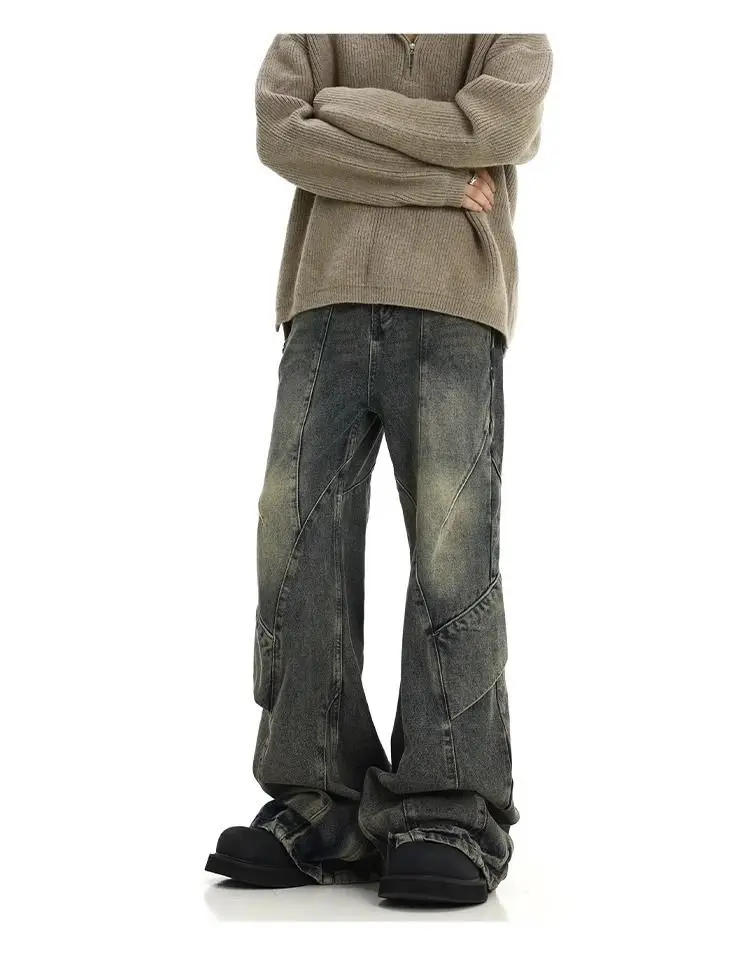 Description Picture 5 of itemAmerican street trend retro yellow mud washed jeans men high street patchwork irregular design drape feeling micro flared pants