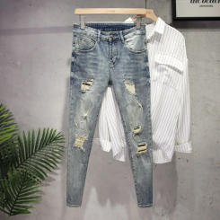 Fashion Korean Vintage Clothing Washed Distressed Men's Slim Denim Pencil Pants Casual Spring Autumn Luxury Brand Men Jeans