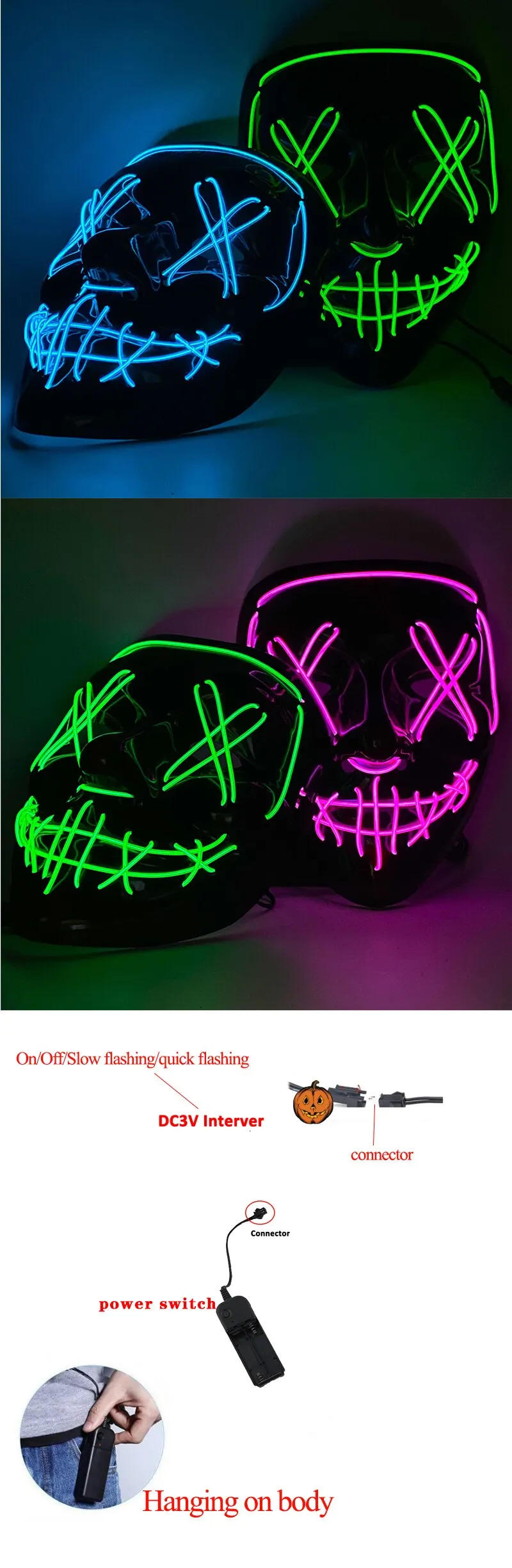 Description Picture 5 of itemHot Sale Halloween Glowing Scary Face Mask Luminous LED Purge Mask Neon Light Up Horror Party Mask Cosplay Costume Supplies