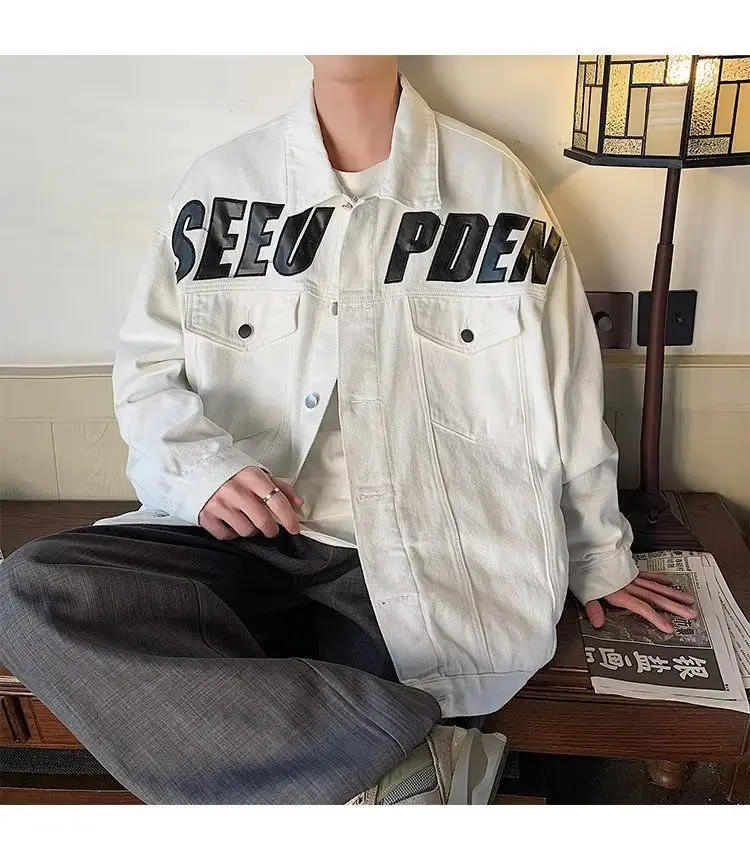 Description Picture 5 of itemAmerican Letter Printed Denim Jacket Couples Loose Casual High Street Personality Handsome Jackets Men Overcoat Male Clothes