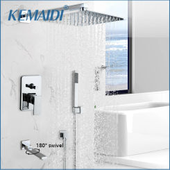 KEMAIDI Chrome Wall Mount Rainfall Bathroom Shower Faucet Set Concealed System  Head with Swivel Tub Spout 3 ways Mixer Taps