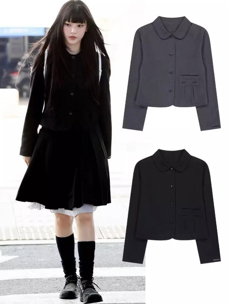 Description Picture 2 of itemKorean Preppy Style Solid Grunge Cropped Coats Women Y2k Aesthetic Single Breasted Jacket Harajuku Pocket Bow Vintage Jackets