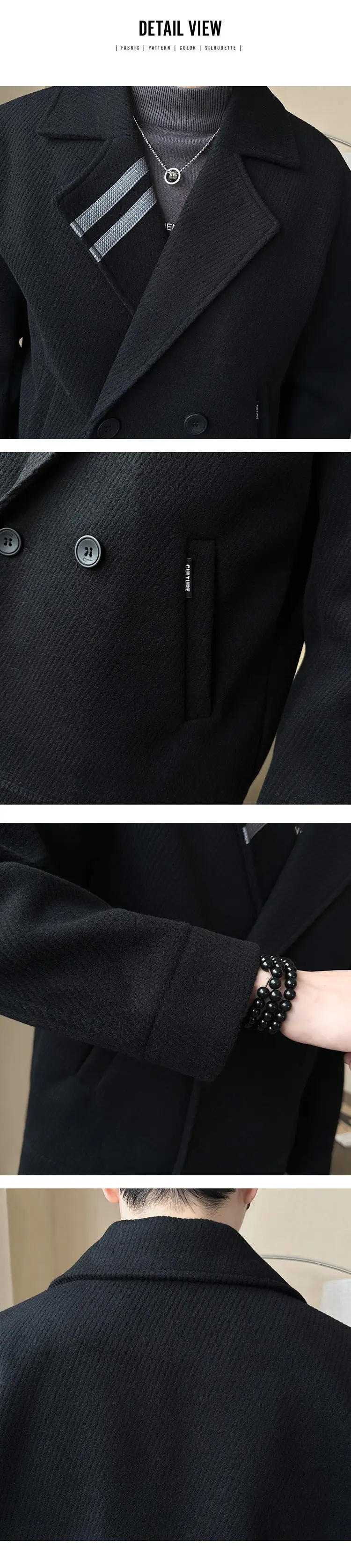 Description Picture 5 of itemTop Quality Men's Fall Winter Short Woolen Coat Double-breasted Men's Solid Color Padded Padded Warm Woolen Jacket Men's Coats