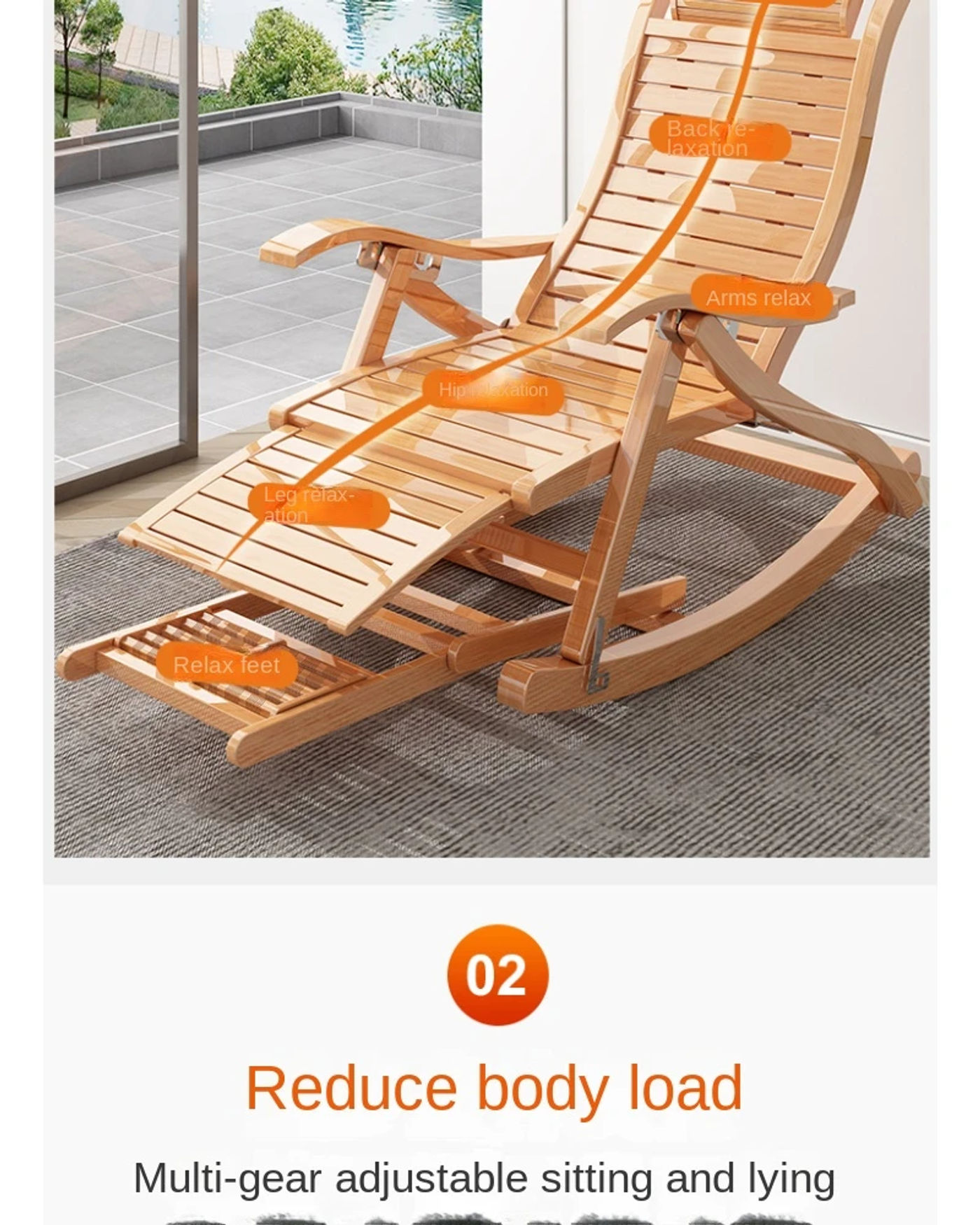 Description Picture 6 of itemBamboo adults Folding Rocking chair balcony Relax reclining chair Living room Armchair  Sun lounger Chair bed Design ergonomic