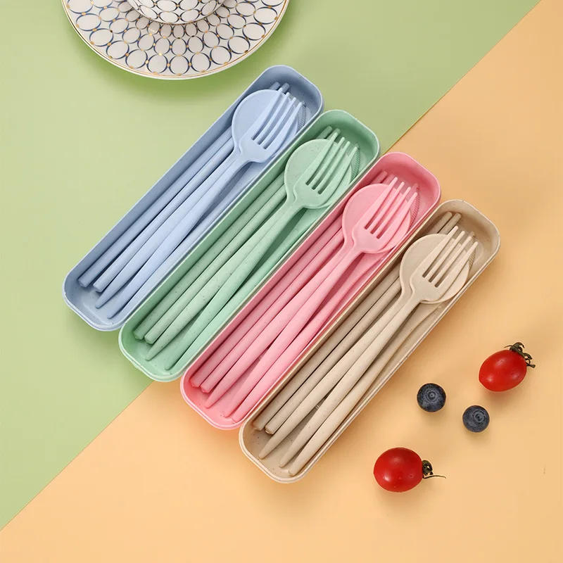 Description Picture 4 of item4Pcs Travel Cutlery Sets Portable Tableware Set With Box Chopsticks Fork Spoon Knife Wheat Straw Dinnerware Picnic