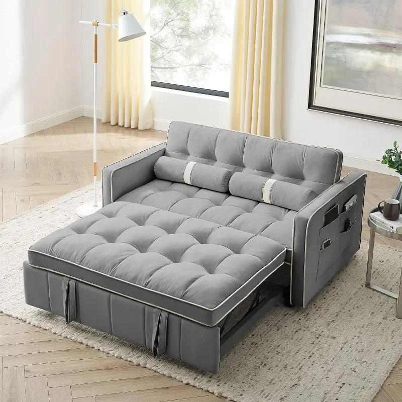 Description Picture 2 of itemZHENXIANG 3 in 1 Sleeper Sofa Couch Bed, Small Tufted Velvet Convertible Loveseat Futon Sofa w/Pullout Bed, Adjustable Backrest