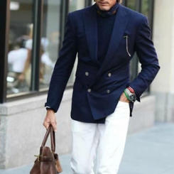 ANNIEBRITNEY Custom Double Breasted Slim Fit Mens Suits Fashion Casual blazers Set 2 Piece High Quality Blue Jacket White Pants