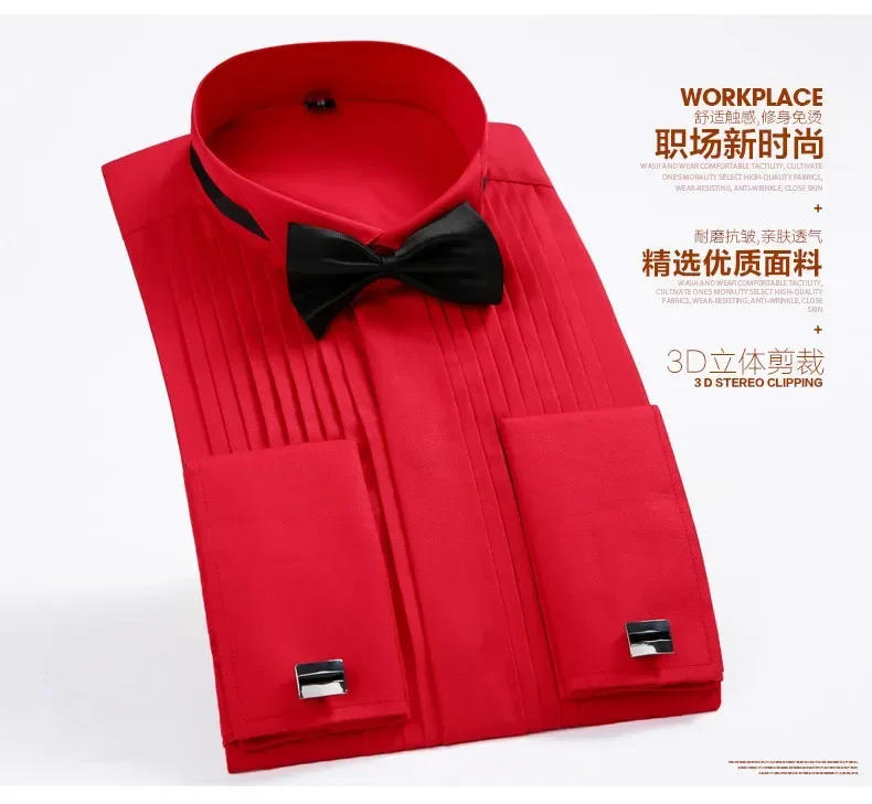 Description Picture 4 of item2024 new men's long sleeve shirt High quality tuxedo standing collar wedding dress shirt men's white French cufflink shirt