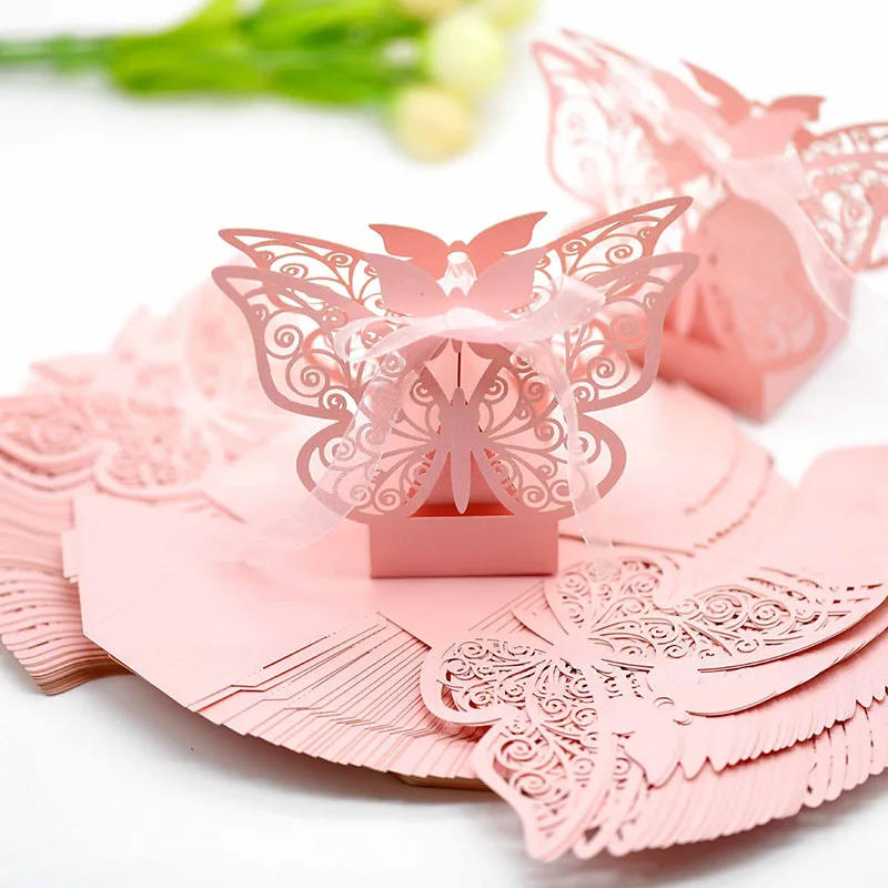 Description Picture 3 of item50/100pcs Butterfly Gift Boxes Wholesale Candy Favors Packaging with Ribbons for Baby Shower Wedding Birthday Party Supplies
