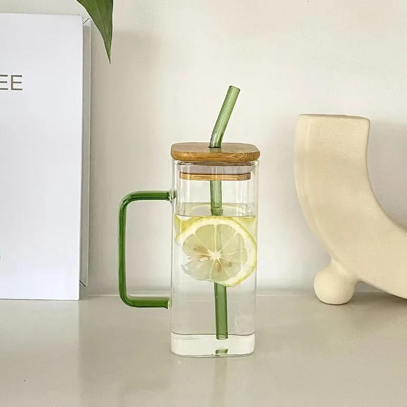 Description Picture 6 of itemClear Drinking Glasses Square Glass Cup with Bamboo Lid Colorful Glass Straw Milk Juice Bubble Tea Cup Large Capacity Water Cup