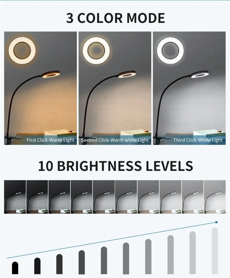 Description Picture 4 of item48 LEDs Desk Lamp Clip USB Book Light Eye Protection Light Flexible Adjustable 3 Color Temperatures Gooseneck Reading Light