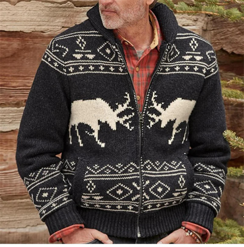 Description Picture 3 of item2024 New Autumn Winter Men's Warm Sweater Cardigan Deer Pattern Knitted Streetwear Vintage Casual Sweatercoat Christmas Knitwear