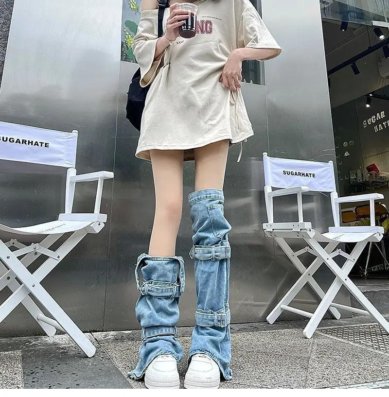Description Picture 4 of itemHarajuku Women Leg Warmers Socks Punk Rock Denim Adjustable Knee High Socks Japanese Fashion Streetwear Leg Cover