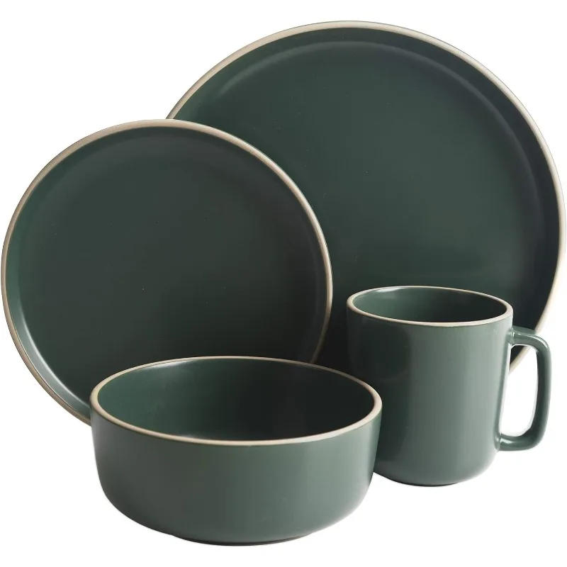 Description Picture 3 of item16 Piece Round Kitchen Dinnerware Set, Dishes, Plates, Bowls, Mugs, Service for 4, Matte Stoneware, Green