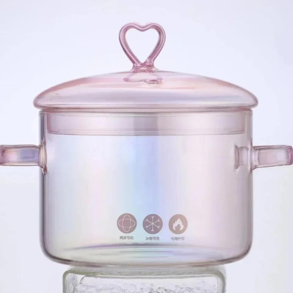 Description Picture 6 of itemPink Glass Pot Versatile Transparent Soup Stock Pots Binaural Handle Pots Noodle Soup Bowl Heat-resistant Kitchen Cooking Pot