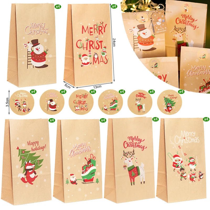 Description Picture 5 of itemChristmas Gift Bags Kraft Paper Bag Candy Cookie Packaging Pocket Xmas Advent Calendar Digital Sticker Packing Supplies 24pcs