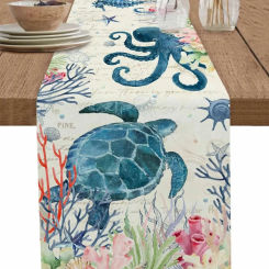Summer Sea Turtle Coral Beach Linen Table Runners Dresser Scarf Table Decor Reusable Kitchen Table Runners Party Decorations