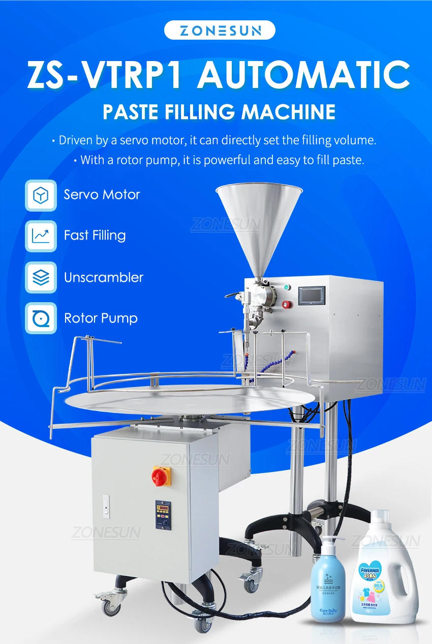 Description Picture 2 of itemZONESUN Paste Filling Machine ZS-VTRP1 Servo Motor Rotor Pump Bottle Filler with Unscrambler Cream Honey Sauce Food Packaging