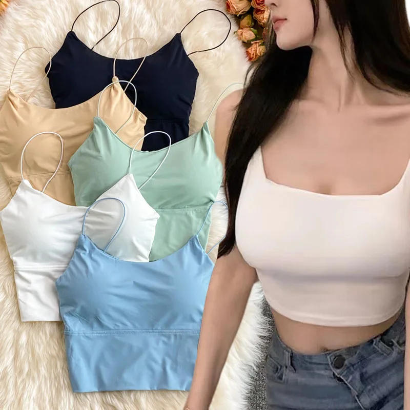 Description Picture 2 of itemSummer Bra Ice Silk Crop Tops Sports Spaghetti Strap Vest Top Women Sexy Built In Bra Off Shoulder Sleeveless Camisole Underwear