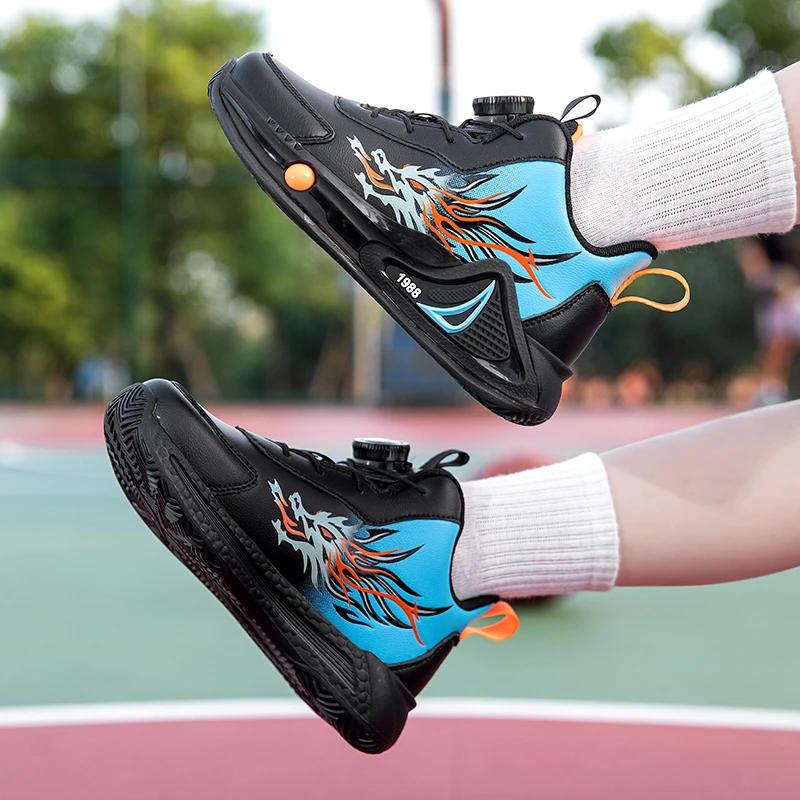 Description Picture 4 of itemChildren's Basketball Shoes Anti Slip New Leather Sports Shoes Rotating Buckle Cushioning Wear-resistant Casual Shoes for Kids