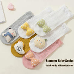 2 Pairs Newborn Baby Socks Cartoon Thin Summer Mesh Solid Crew Socks Soft Stretch Toddler Ankle Short Sock