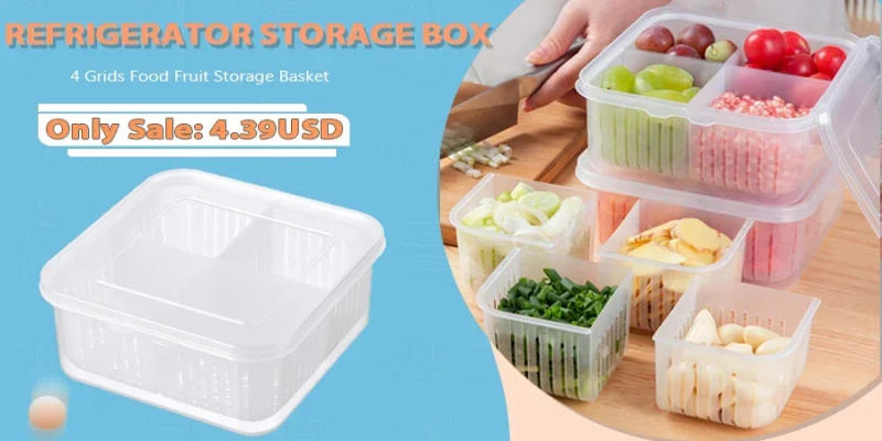 Description Picture 2 of itemRefrigerator Storage Box 4/6 Grid Food Vegetable Fruit Storage Box Fridge Organizer Drain Basket Meat Onion Ginger Clear Crisper