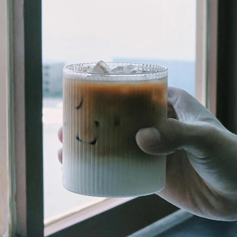 Description Picture 6 of item300ML Coffee Mug Japanese Striped Glass Cup Japanese Creative Transparent Bubble Tea Cup Drinkware Shot Glasses Set Whiskey