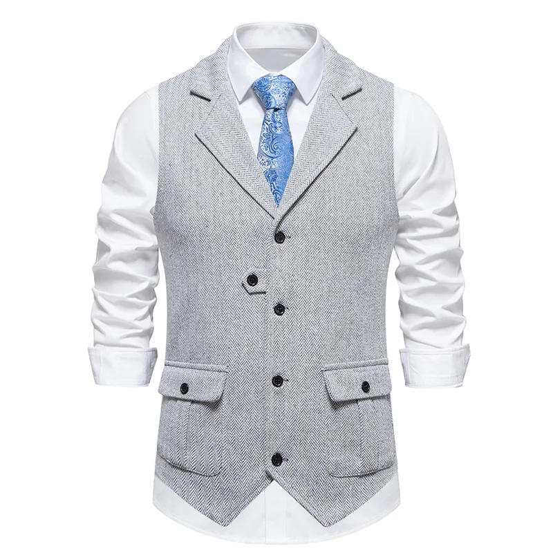 Description Picture 5 of itemMen Suit Vest Herringbone Fabric Waistcoat Business Wedding Casual Turndown  Collar Men's Dress Blazer Vests Formal Party V07