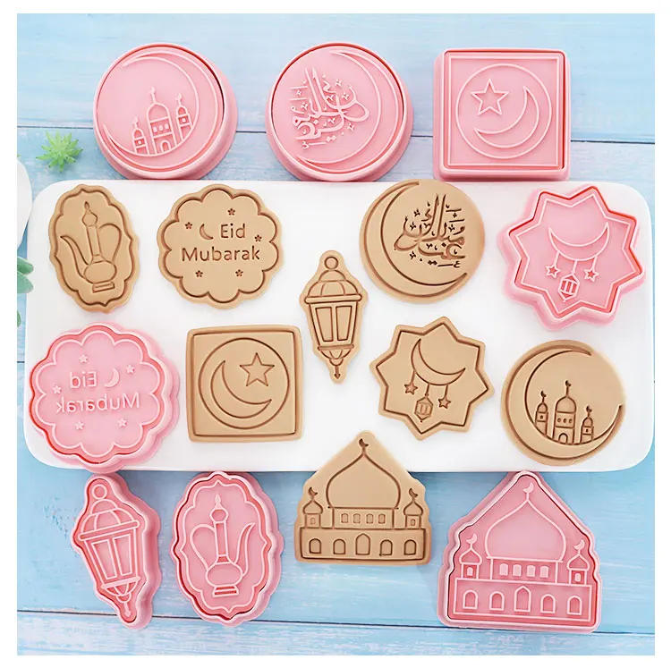 Description Picture 3 of item8 Pcs/set Eid Mubarak Cookie Cutters Plastic 3D Moon Star Pressable Biscuit Mold Cookie Stamp Kitchen Baking Pastry Bakeware