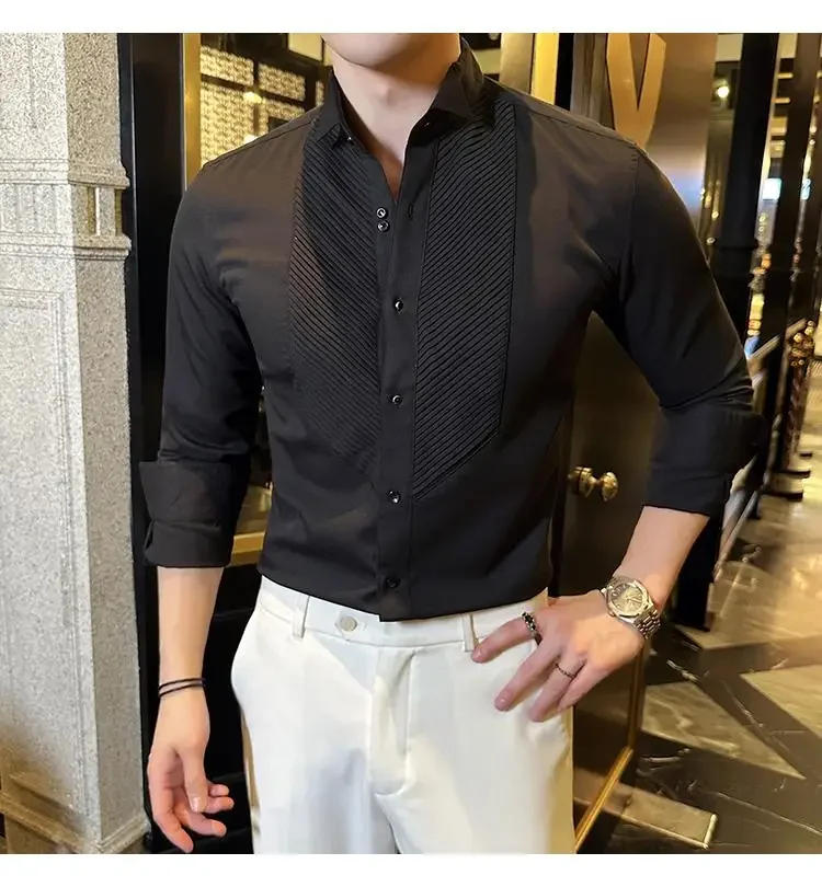 Description Picture 6 of itemQuality Banquet Tuxedo French Wing Collar Long Sleeve Shirts For Men Clothing Fashion Accordion Fold Slim Fit Social Shirt Dress