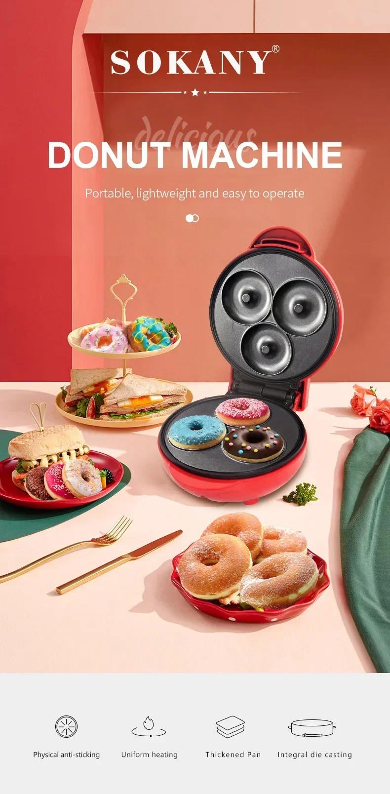 Description Picture 2 of itemMini Donut Maker Machine for Home, 550W Heating Makes 3 Doughnuts with Non-Stick Surface for Kid Breakfast, Snacks, Desserts
