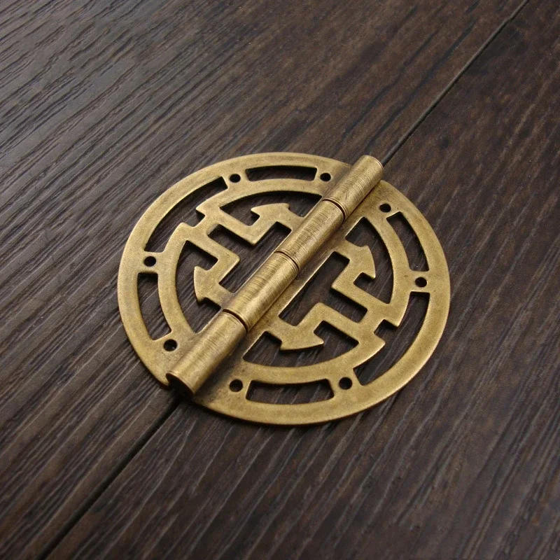 Description Picture 2 of item2pcs Vintage Round Brass Hinges w/screws 45mm/1.77inch Hollow Pattern Old Chinese Retro Decor Wood Jewelry Box Wine Case Cabinet
