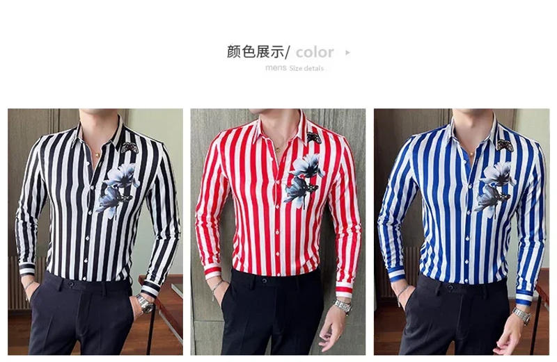 Description Picture 4 of itemBritish Style Long Sleeved Striped Printed Shirt Fashion Men New Slim Fit Casual Dress Shirt Streetwear Social Party Blouse Male