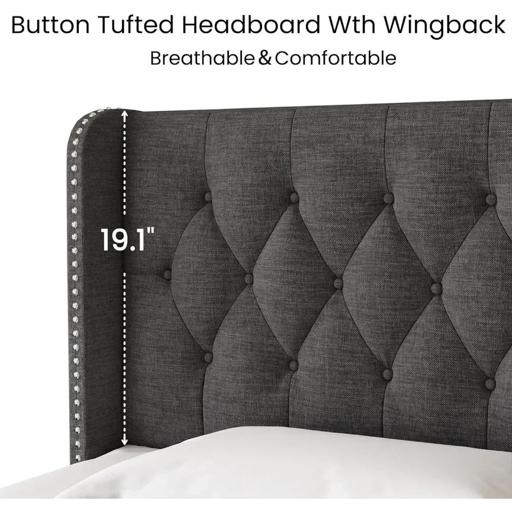 Description Picture 5 of itemBed Frame Linen Upholstered Bed with  Storage Drawers and Wingback Headboard Tufted Platform Beds Frame with Wood Slats Support