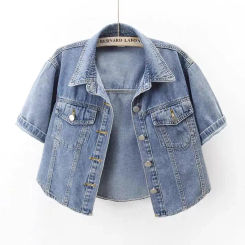 Vintage Cropped Denim Jacket Women Summer Loose Single Breasted Turn Down Collar Short Sleeve Tops Harajuku Casual Jean Jacket