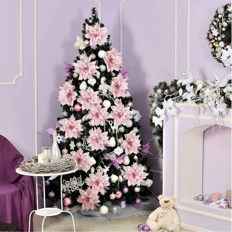Description Picture 2 of item5pcs 14.5cm Glitter Artifical Christmas Flowers Mreey Christmas Tree Decoration Happy New Year Ornaments Xmas Fake Flowers natal