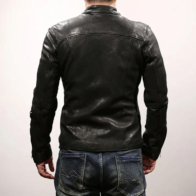 Description Picture 3 of itemFashion Men Spring Sheepskin Real Leather Jacket Slim Fit Stand Collar Motorcycle Biker Riding Genuine Leather Outerwear Coats