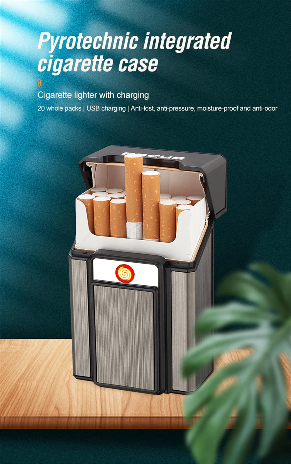 Description Picture 2 of itemNew Creative Portable USB Rechargeable Lighter Cigarette Case Windproof Cigarette Lighter 20 Cigarette Cases Smoking Accessories