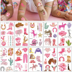 10 Sheets Western Cowgirl Theme Party Favors Pink Girl Boot Hat Temporary Tattoos Sticker Rodeo Birthday Wedding Party Decor