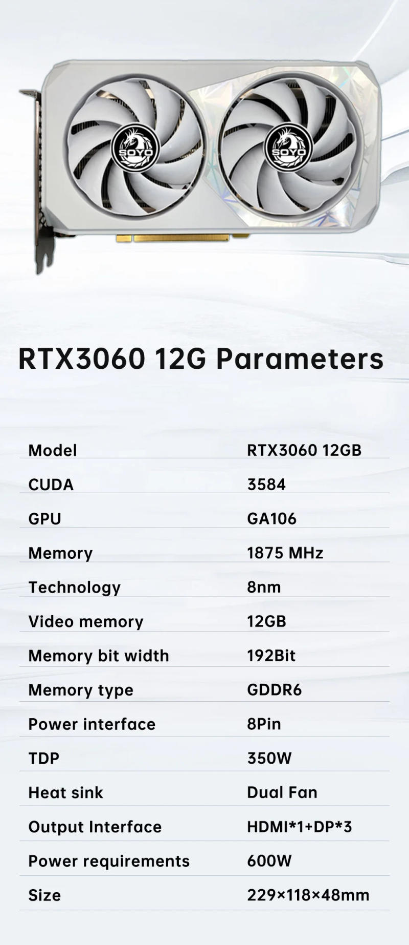 Description Picture 4 of itemSOYO New Gaming Graphics Cards NVIDIA GeForce RTX 3060 12GB GDDR6 192 Bit Desktop GPU Video Card For PC