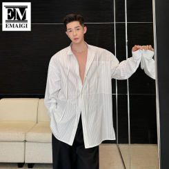 Men Stand Collar Long Sleeve Loose Casual Oversized Vintage Shirts Beach Blouses Streetwear Fashion Show Party Dress Shirt